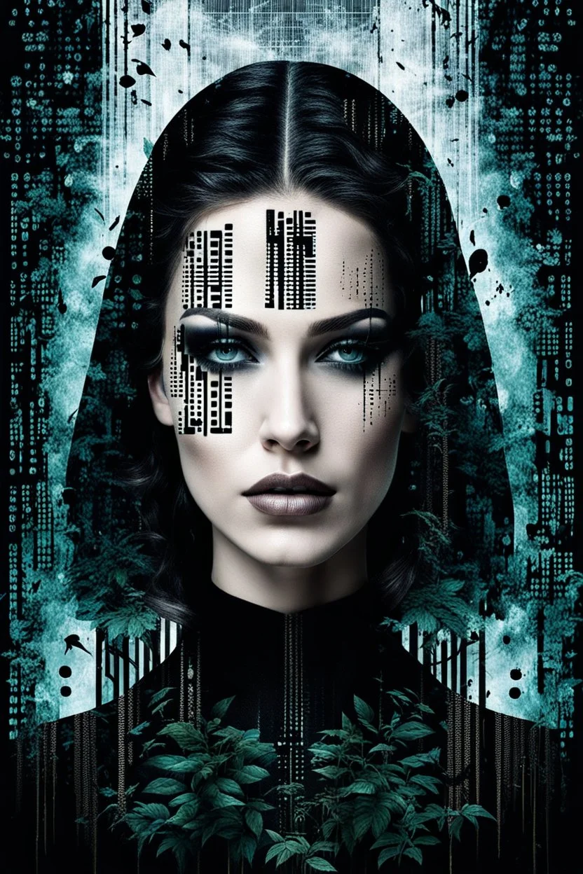 double exposure collage portrait from digital wall in the matrix with binary codes, numbers, strange dark colors plants, shadows and thin black sharp lines with shadows and dark spots. The zippered edge of the photo is down and the background is a young woman's pale face gothic make up, long, big hair. high detailed, cinematic, thriller mood, dark weird art style