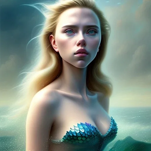 A beautiful portrait of a fusion of Scarlett Johansson and Elle fanning as a mermaid , leaning on a ships deck ,Rough sea in the background, (digitall art by Eugene de Blaas and Ross Tran, vibrant color scheme, highly detailed, in the style of romanticism, cinematic, artstation best quality, realistic lighting, masterpiece portrait, details light dusting , cowboy shot from above, simple chain hauberk Vector art digital illustration 3D shading )