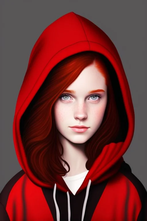 A sassy beautiful young woman with dark brown eyes and shoulder length red hair wearing a black hoodie. Realistic.