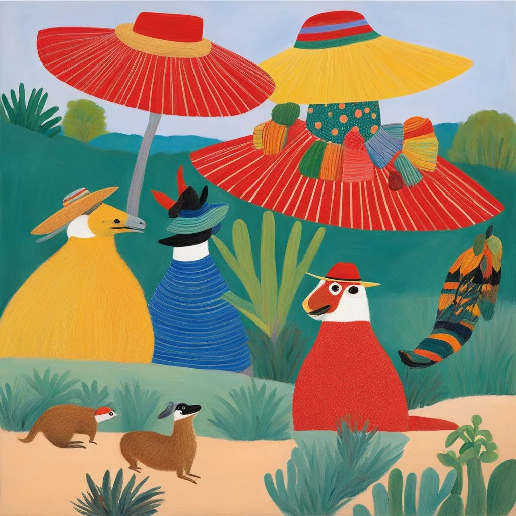 [art by David Hockney] Ah, "Animals in Sombreros"! A phrase that conjures whimsical images and playful absurdity. In the realm of fantastical tales and creative musings, "Animals in Sombreros" could symbolize a delightful blend of the unexpected and the charming. Imagine a world where animals of all kinds, from mischievous monkeys to elegant flamingos, don stylish sombreros atop their heads, adding a touch of flair and character to their already intriguing personalities.