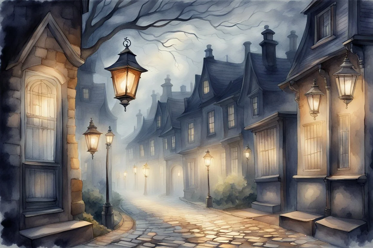 Prompt: a lantern glowing softly on a cobblestone street, mist swirling, with old Victorian houses lining the path, watercolor, mysterious, nocturnal