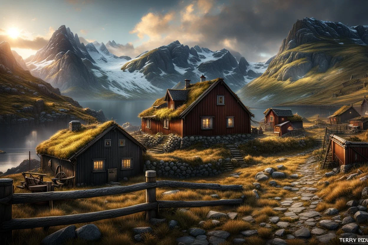 an isolated hamlet in Norway, by terry redlin, best quality, high quality, extremely detailed cg unity 8k wallpaper, hdr, trending on artstation, trending on cgsociety, high detail, art in the style o...