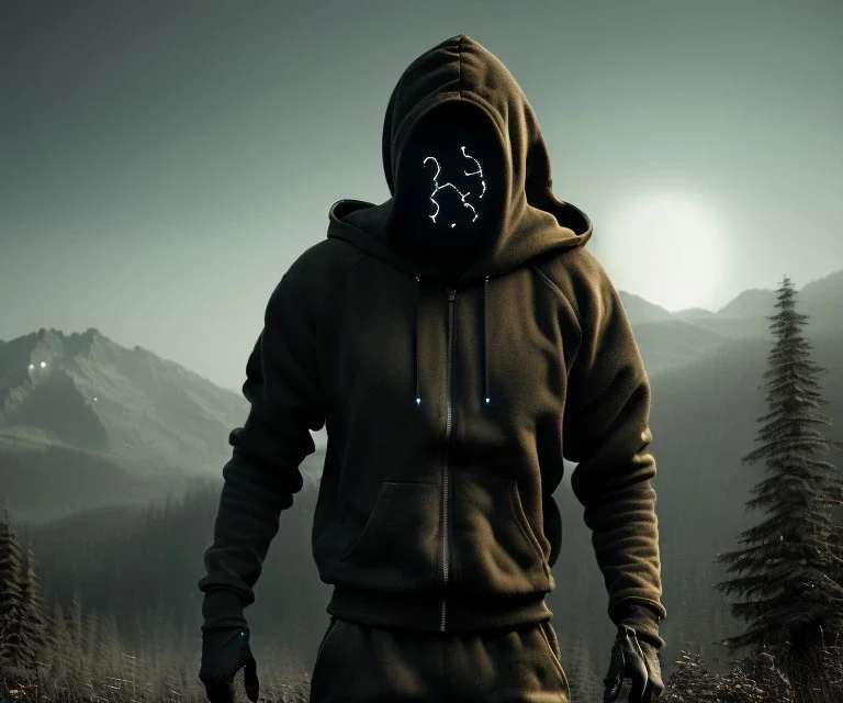 running berserker portrait , no face, black jogging suite , in the night Alps , holding coins , angels background, volumetric gold light, high detail, dark leaf tree, dark mountains in background, perfect, HR Giger style