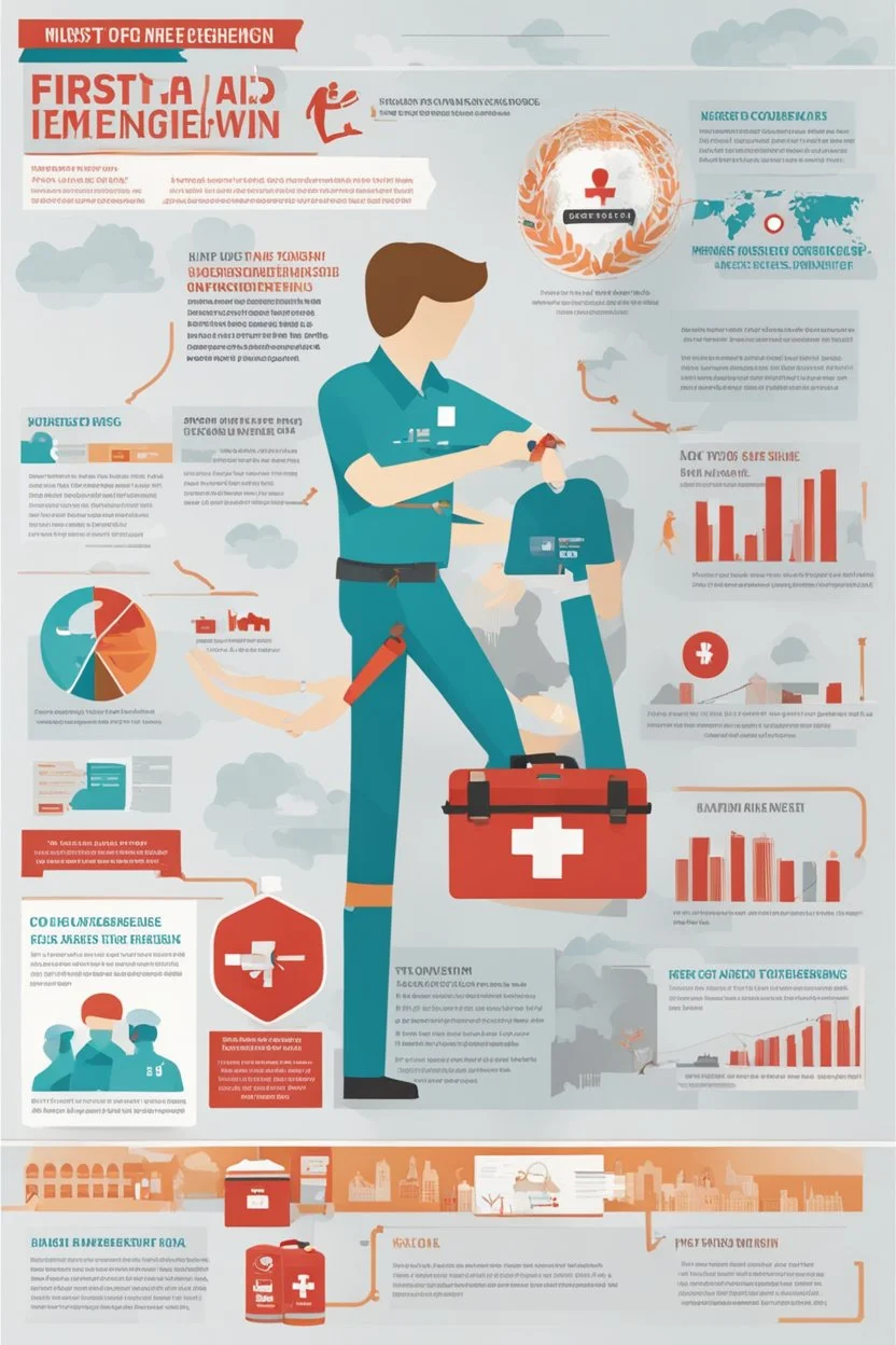 **Content Art:** Create an infographic that visually explains the importance of first aid training, highlighting the benefits for oneself, colleagues, and the community. Use persuasive icons and statistics to emphasize the impact of bystander intervention in emergencies. **Appearance:** The mural's style can be captivating and unique, using a blend of bold colors and symbolic imagery. Emphasize community and collective responsibility, promote a culture of respect and safety. By utilizing these c