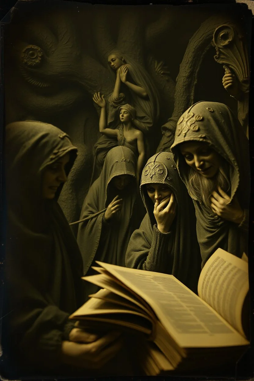 Daguerrotype close up some mysterious figures, odd background, books, odd, Hieronymus Bosch, ambient light, by Minicavio Quollati and Marlost Endgulp, Amano, Botticelli, Alphonse Mucha