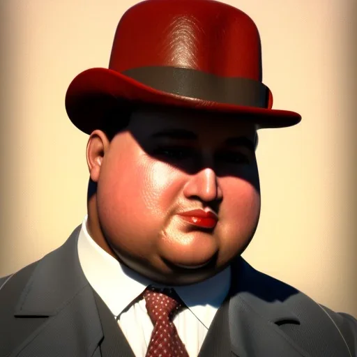 A 1930s Italian-American businessman with a bowler hat and a suit. He is obese and sad