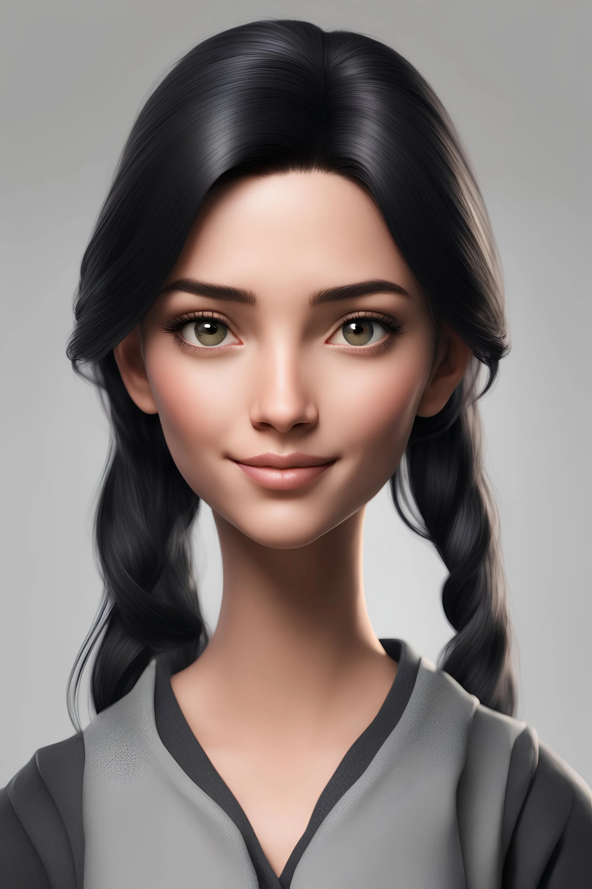 I want you to create an woman avatar. This avatar will have black hair. His hair will be shoulder-length. He will smile. His eyes will be brown. His lips will not be too full, but don't draw them too thin. His body will be visible up to the chest level.