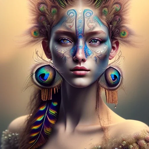 perfect woman portrait , perfect eyes, peacock feathers, face tattoo, curly hair, earrings, nature, plants, wildflower, facepaint, intricate, oil on canvas, masterpiece, expert, insanely detailed, cinematic smooth, intricate detail, soft smooth lighting, painted Renaissance style