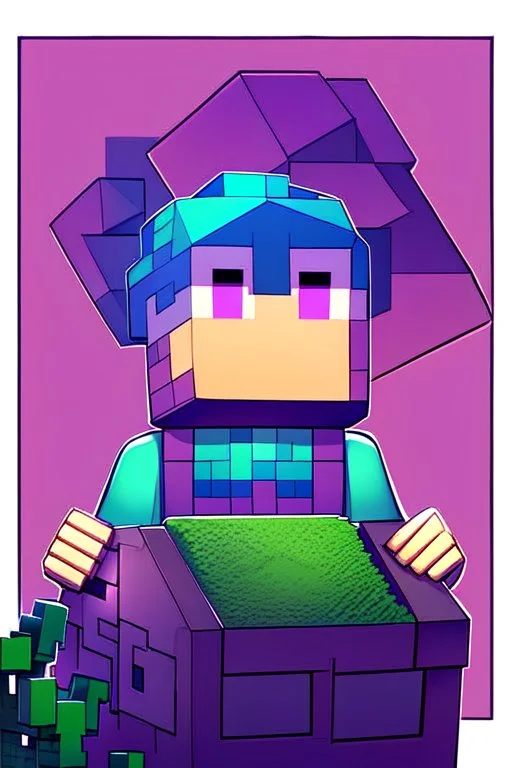 a portrait of a purple square face, Minecraft look, cute, farmer look, 2d, large pixel style