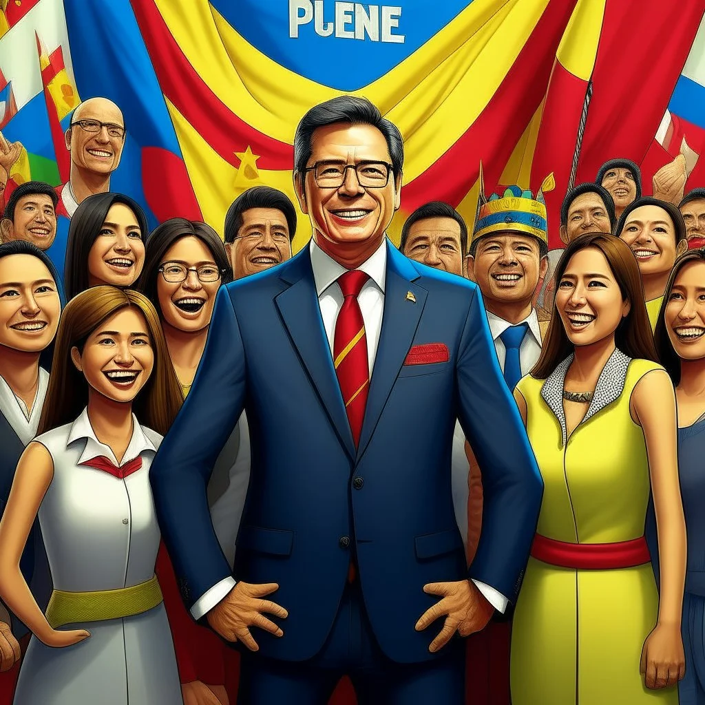 Create a Pixar-style 3D movie poster with Gustavo Petro, president of Colombia happy and surrounded by women, men and Colombian flags, with the title: "The President", ultra quality, hyper-detailed, maximalist, 8k