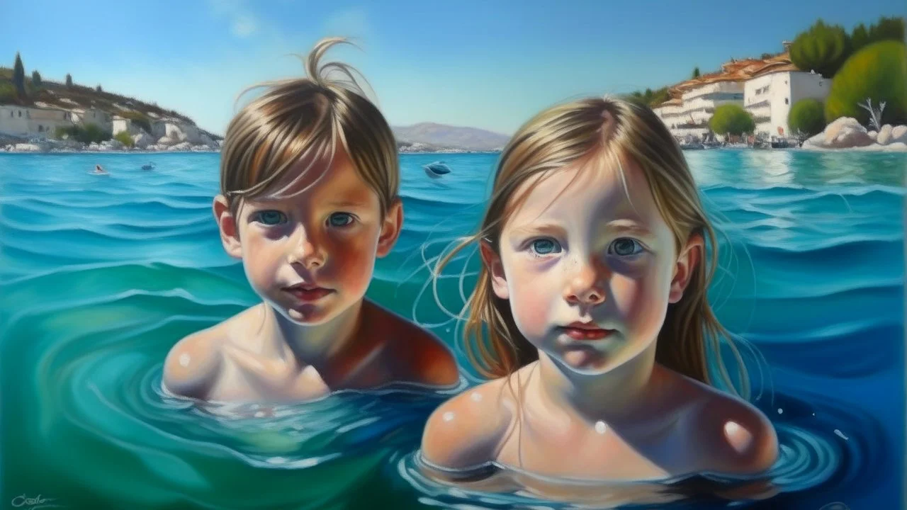 Neoclassicism 2 childeren swimming in the water portret the sea realistic cote d'azur painting