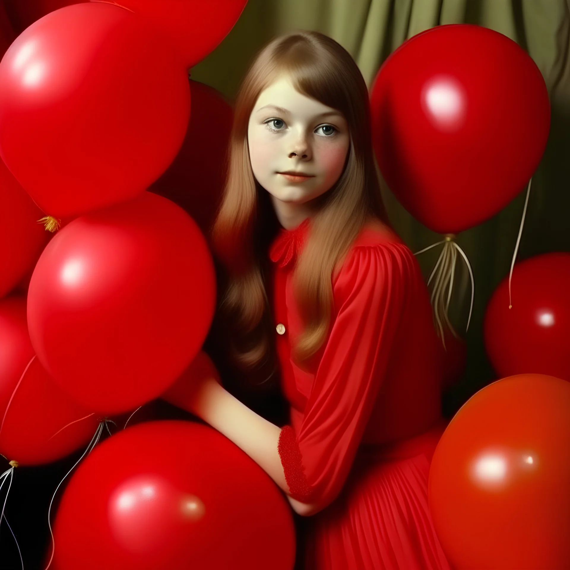 Autochrome, cute russian girl with long hair, in red, covered with balloons