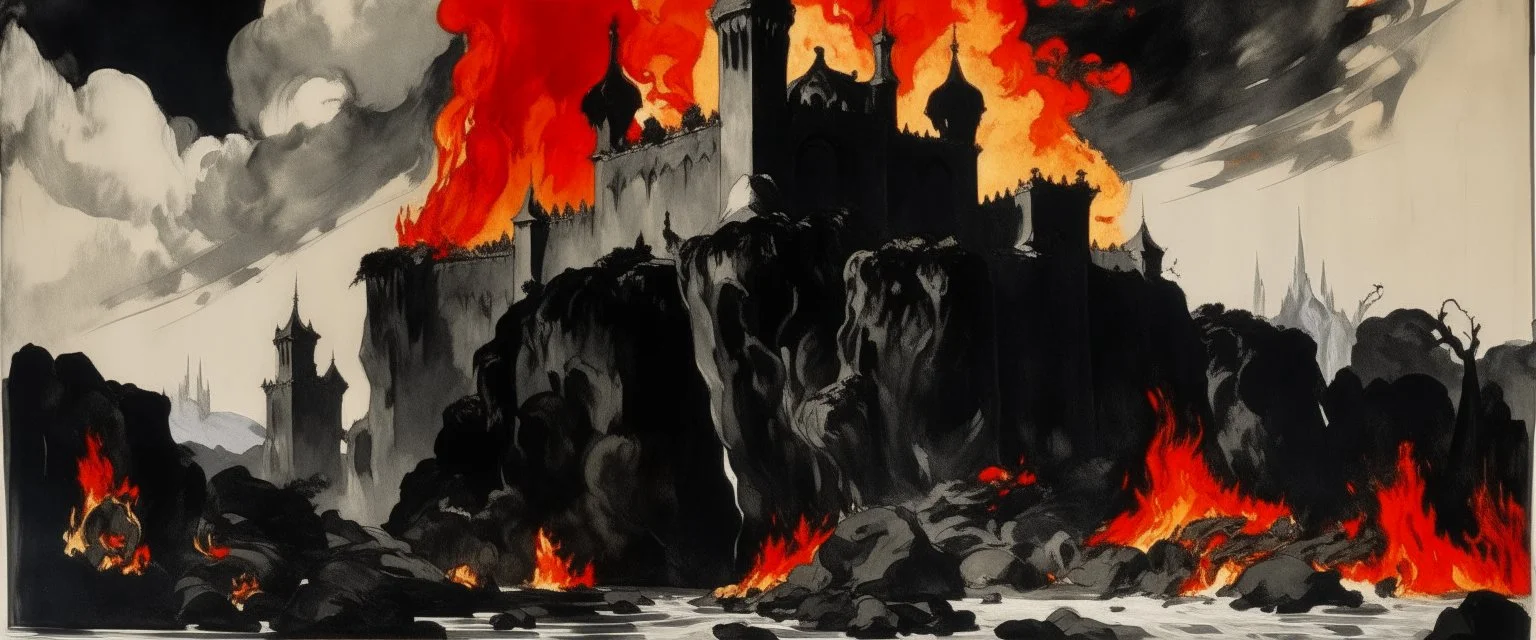 A black castle surrounded in lava designed in medieval tapestry painted by John Singer Sargent