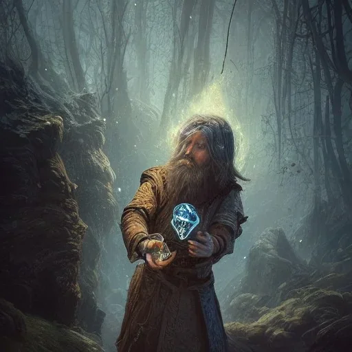 Insanely detailed landscape of an “D&D twilight cleric holding glowing D20” with intricate detailed beard,high and tight hair cut,40 years old, intricate clothing, hyperdetailed painting by Ismail Inceoglu Huang Guangjian and Dan Witz CGSociety ZBrush Central fantasy art album cover art,8K, hdr, mysterious, flickeringlights ,Stoic