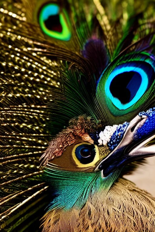 head of mythical peacock with metallic gold feathers black background ultra high detailed sharp focus