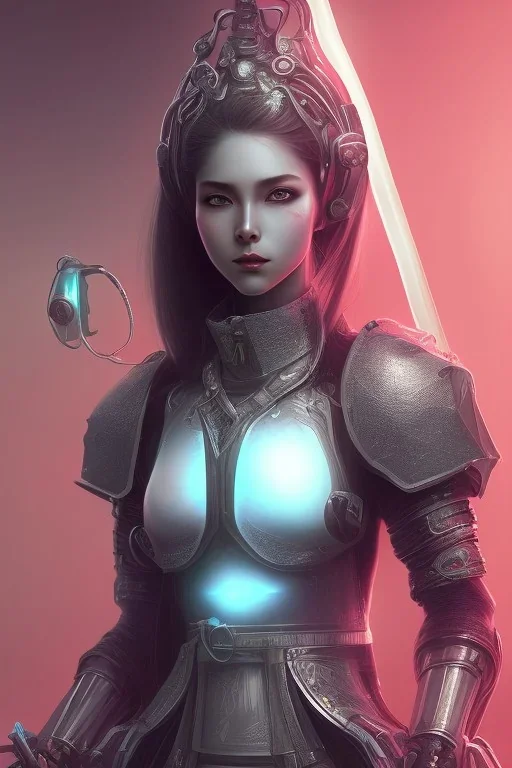 female knight, cyberpunk futuristic neon. fencing, long sword in her hand, decorated with traditional Japanese flowers, perfect face, fine details, realistic shaded, fine - face, pretty face, masterpiece