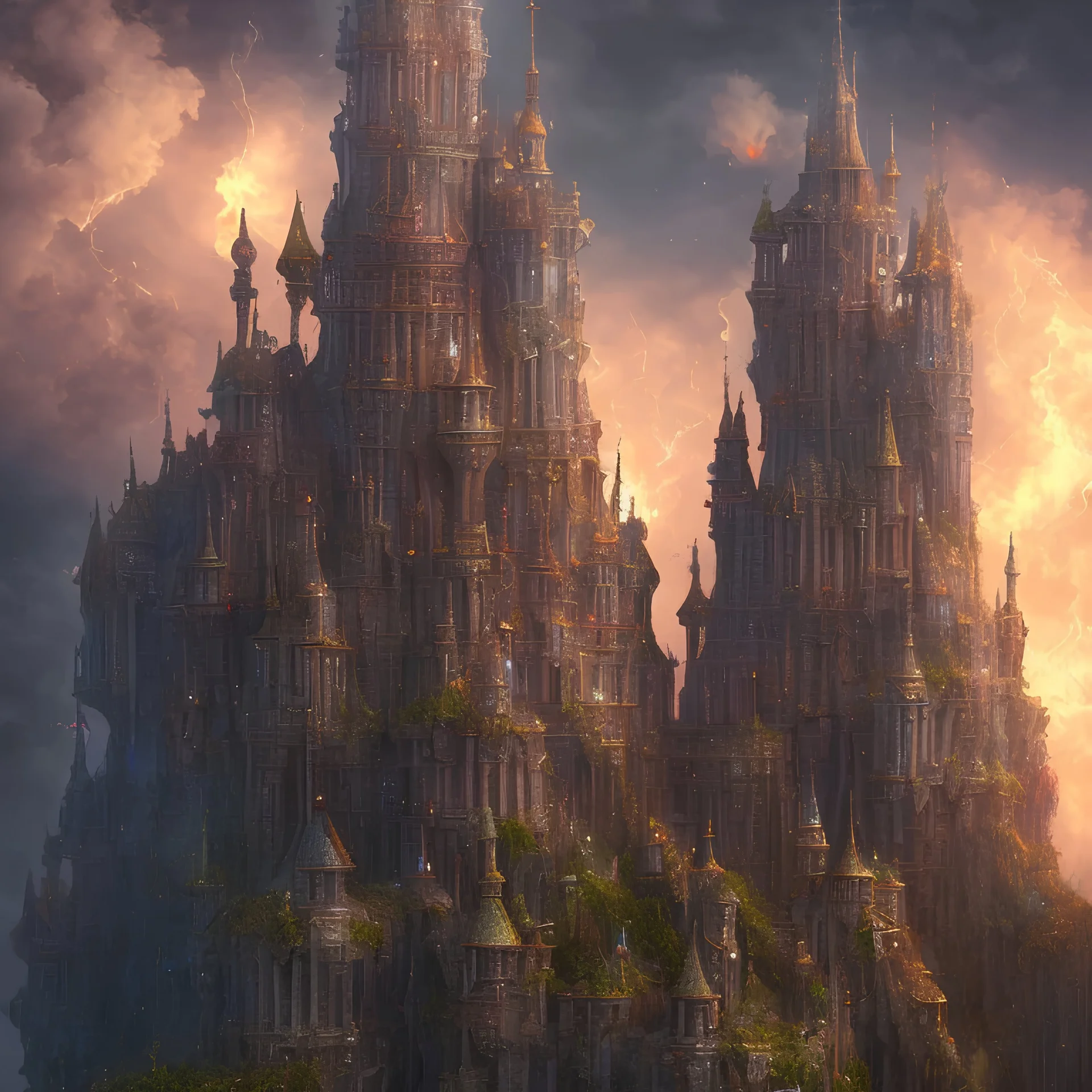 a fantasy tower, staircase leading to sky, flames as clouds, ,great pose,magnificent, majestic, highly intricate, incredibly detailed, ultra high resolution, complex 3d render,