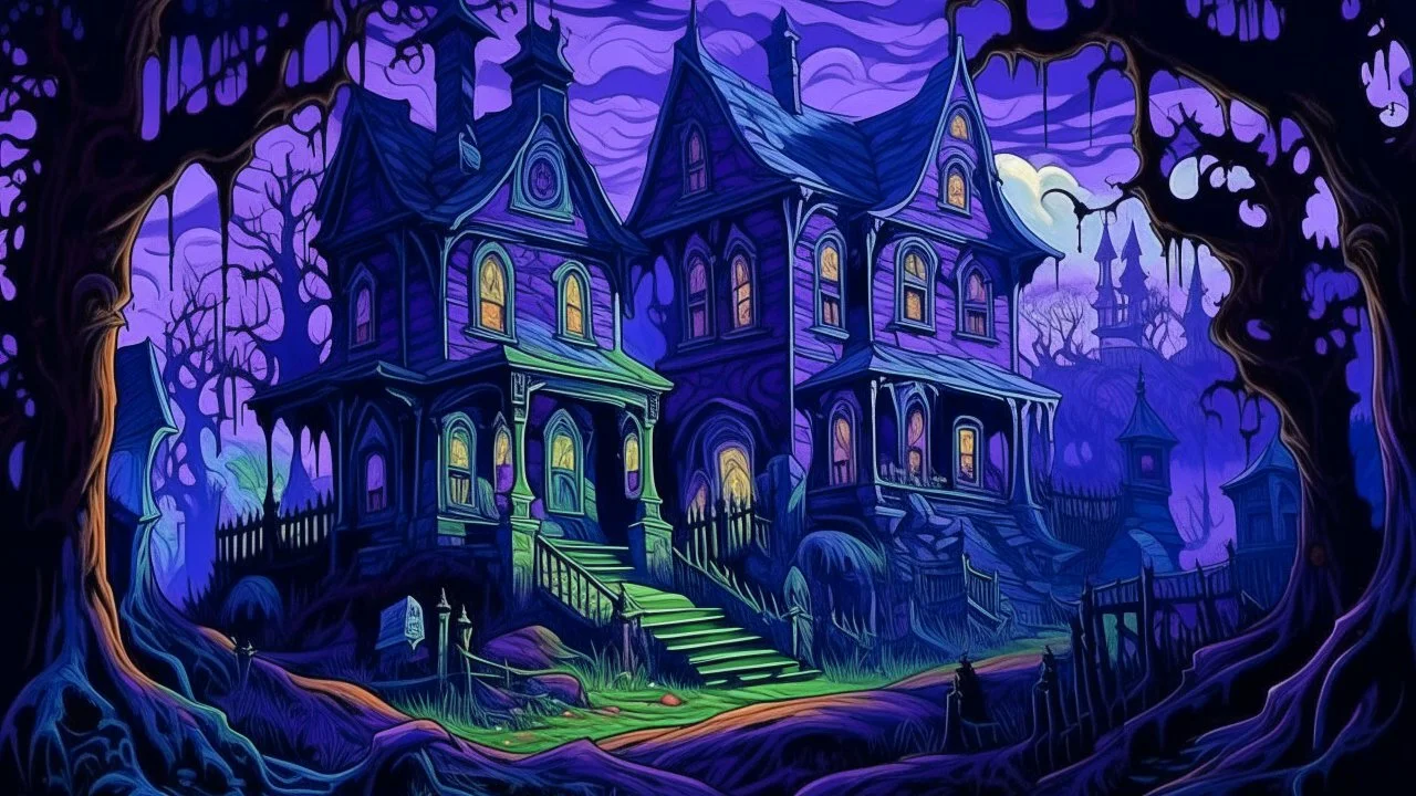 A purple haunted mansion near a graveyard with undead spirits painted by Vincent van Gogh