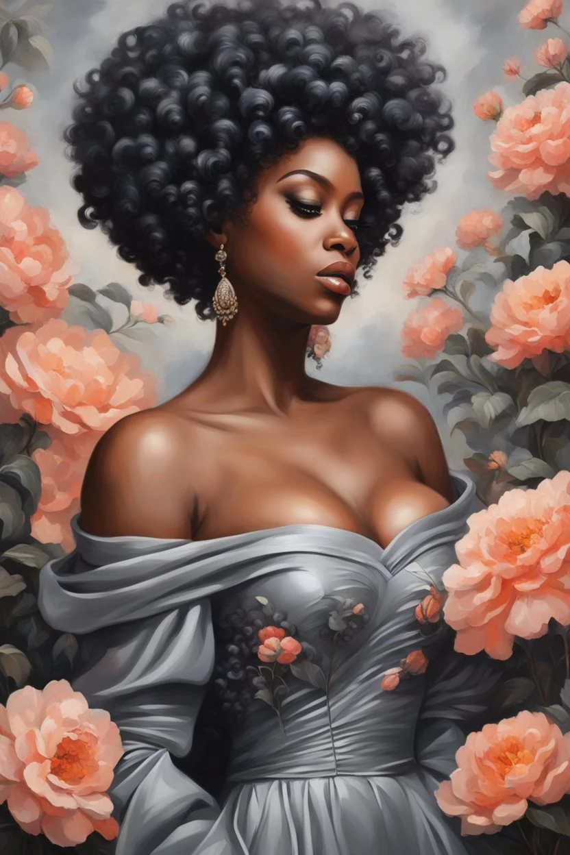 Create an expressive oil painting art image of a curvy black female wearing a grey off the shoulder blouse and she is looking down with Prominent makeup. Highly detailed tightly curly black afro. Background of large peach and grey flowers surrounding her