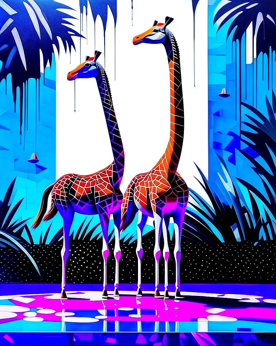 three giraffe-headed flamingos with giraffe neck and head and giraffe pattern standing in a Florida garden at a pool, acrylic and oil, minimalist, cinematic, dramatic, (glitch deconstruction:1.7), centered,, amazing verticals, excellent parallels