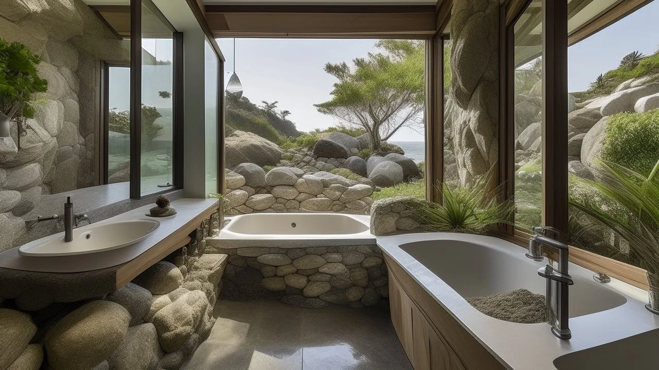 Bathroom with organic design that blends with the rocky surroundings at the water's edge