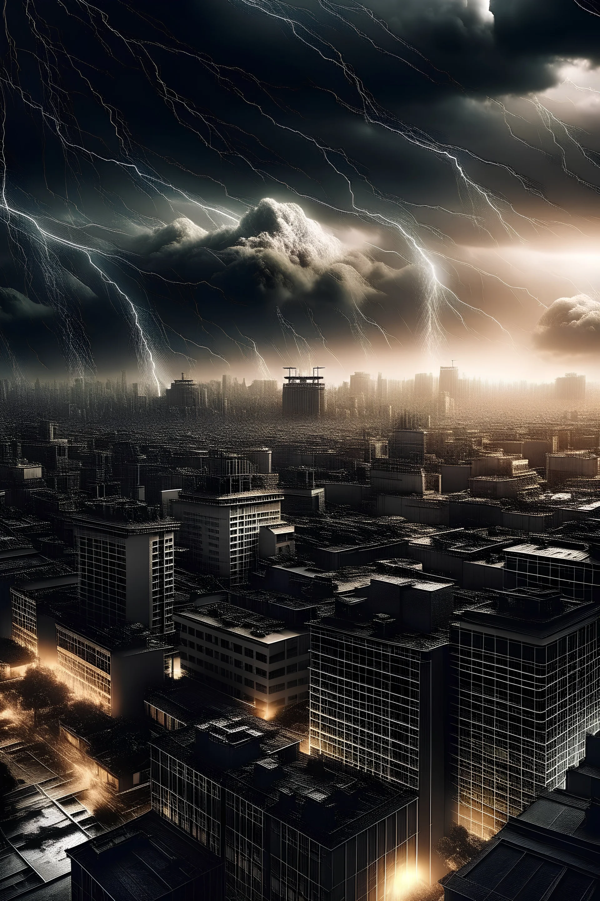 crear una imagen de una ciudad en una tormenta con el estilo de Masakazu Katsura