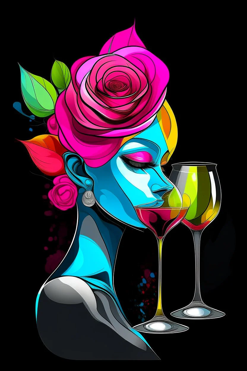 Acrtoon 2d art illustration . Colourful rosé wears a black glass