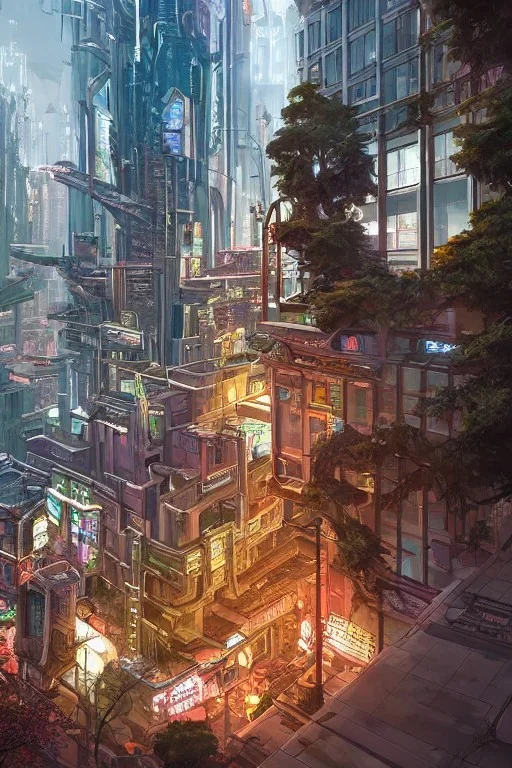 A Epic tree carved into cyberpunk city, building both side of road, dusk, masterpiece , art by jorge pardo, photorealistic, pinkish color, meditative vibe, ornate, wide view