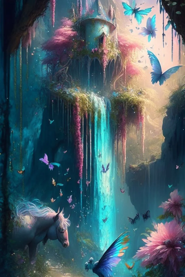 Phantasy landscape.Paradise hauntedgarden, unicorn, bright magic art, splash art, high quality, 8k, digital painting, glitter, waterfall, greenery, butterflies, birds of paradise, gnome's house, trending on artstation, sharp focus, studio photo, intricate details, highly detailed, by greg rutkowski