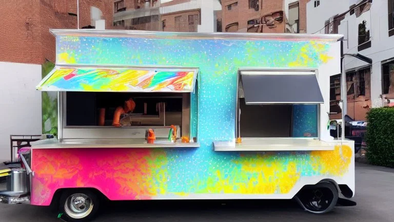 modern looking food truck that has a bunch of bright paint and flashy lights and fireworks