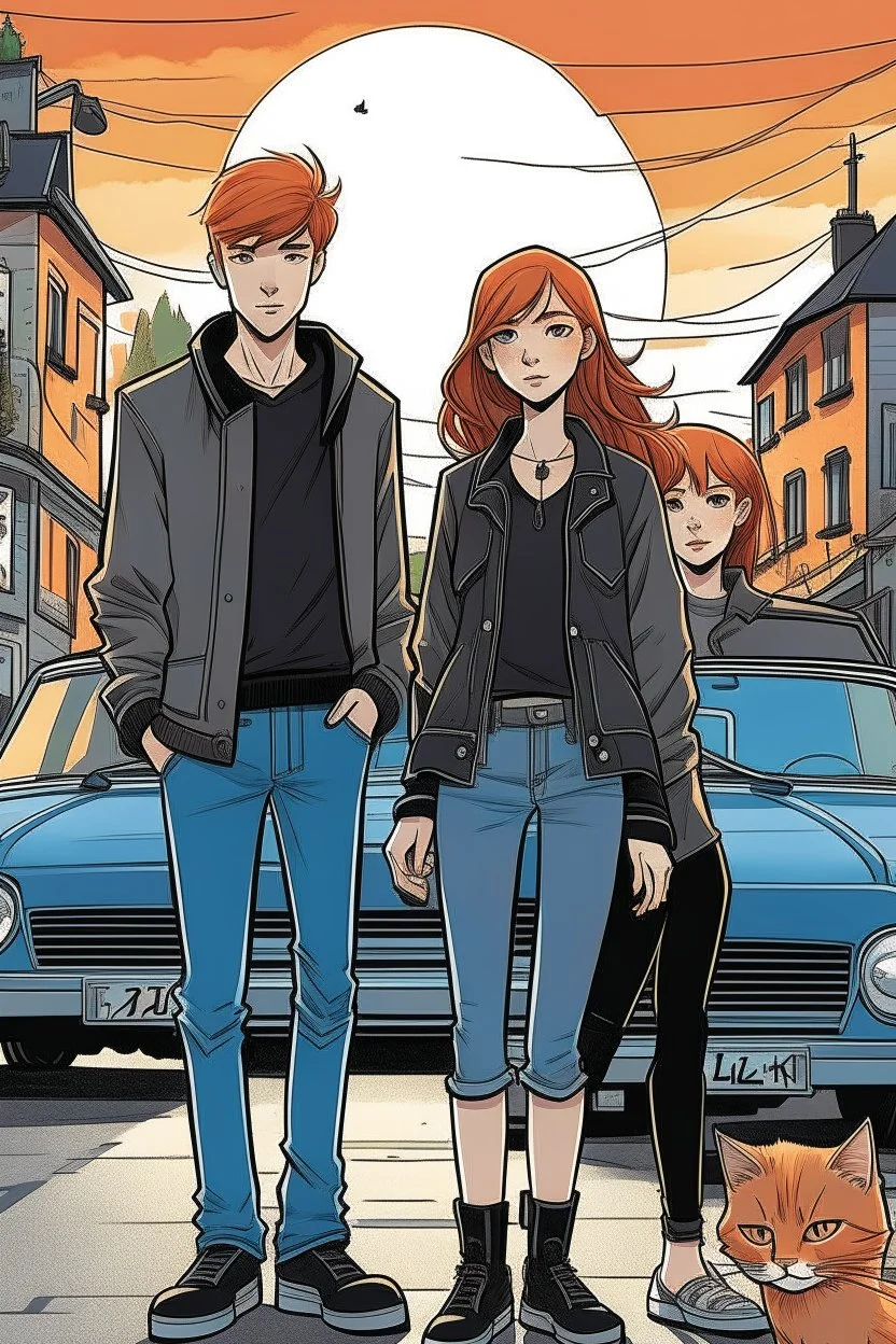 Two teenage brothers with ginger hair plus a teenage punk girl with dark hair are standing in characteristic book cover-style poses. Three black cats walk with them. They are young amateur detectives. The town street with a white van in the background, a mysterious atmosphere