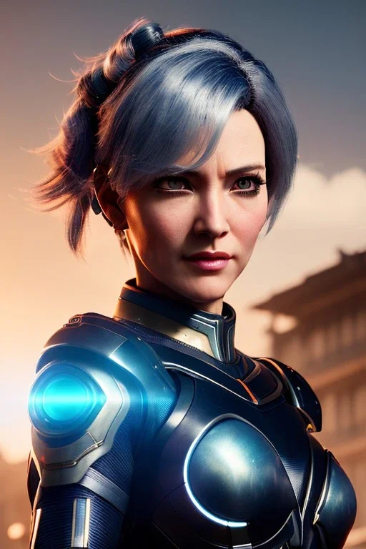 Middle age female Cyborg anime warrior, gray hair with dark blue hair, ponytail hairstyle, orange eyes, waist up portrait,4k resolution, intricate details, ornate details, soft lighting, vibrant colors, retroanime, masterpiece, intricate eyeliner, dark eyeshadow, futuristic cityscape background