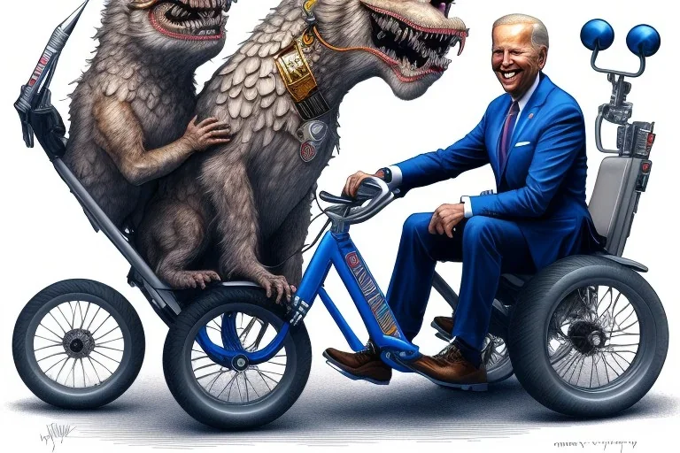 true-to-life pencil and color marker portrait of realistic joe biden riding a tricycle, with an extra set of carrying wheels and rollcage for safety, by kim jung gi