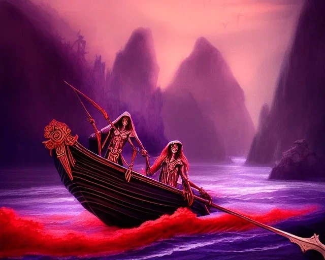 sango fantasy, fantasy magic, intricate, sharp focus, illustration, highly detailed, digital painting, concept art, matte, Greek mythology Charon ferryman, skeleton in full length cape, in boat on river styx, sharp jagged rocks, red purple blue colours, red hot lava river