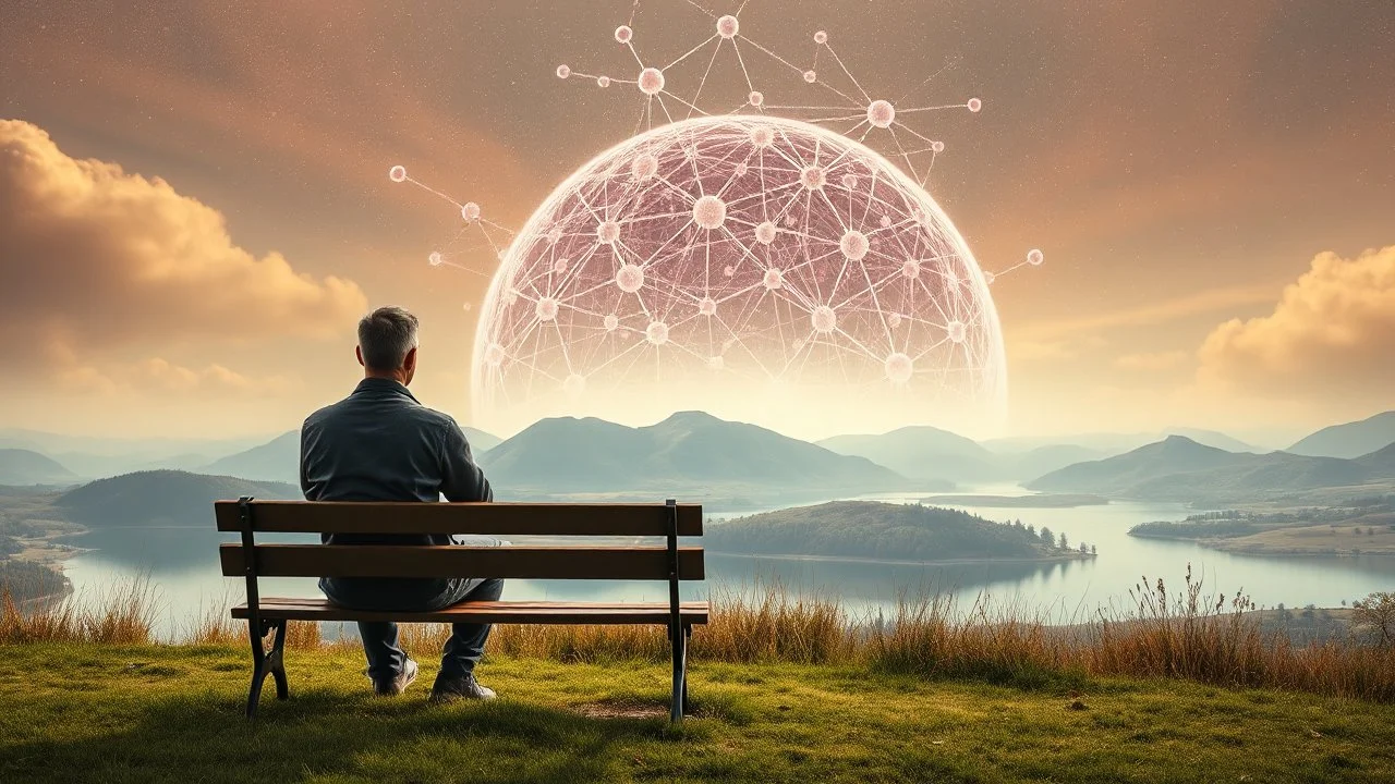 a figure sits with his back to the camera on a beautiful bench in a beautiful landscape and overlooking the water of the nearby lake, calm, harmonious atmosphere, muted, not too colorful colors, Whimsical style and big neuron network in giant dome background on sky, surreal stunning vibe