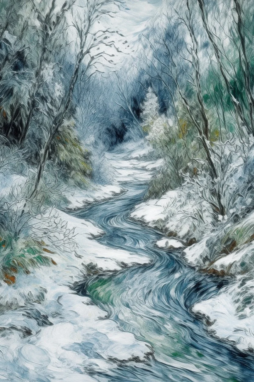 A white jungle with a toxic river in a snowstorm painted by Claude Monet