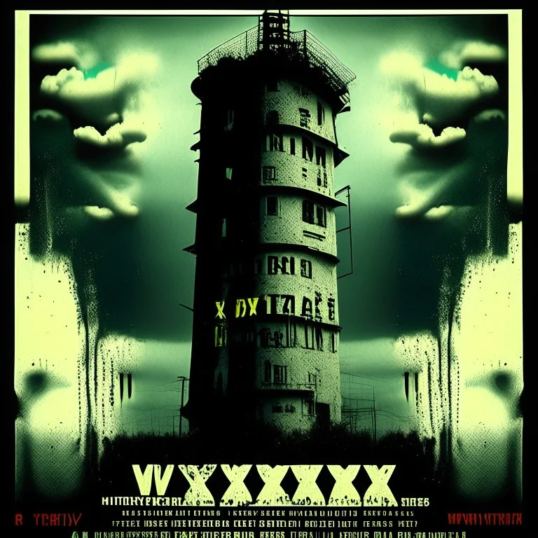 Profound modern movie poster, hyperreal quality, "CREEPING WAVES" double exposure gritty Horror movie poster about radio station tower WXXT 87.9 broadcasting blaspehies and abominations across a small town haunted by ghostly New England shakers, by "MATTHEW BARTLETT", Dramatic, creepy, deep colors, oddball masterpiece, sfumato, complex contrast, dynamic composition, grand design