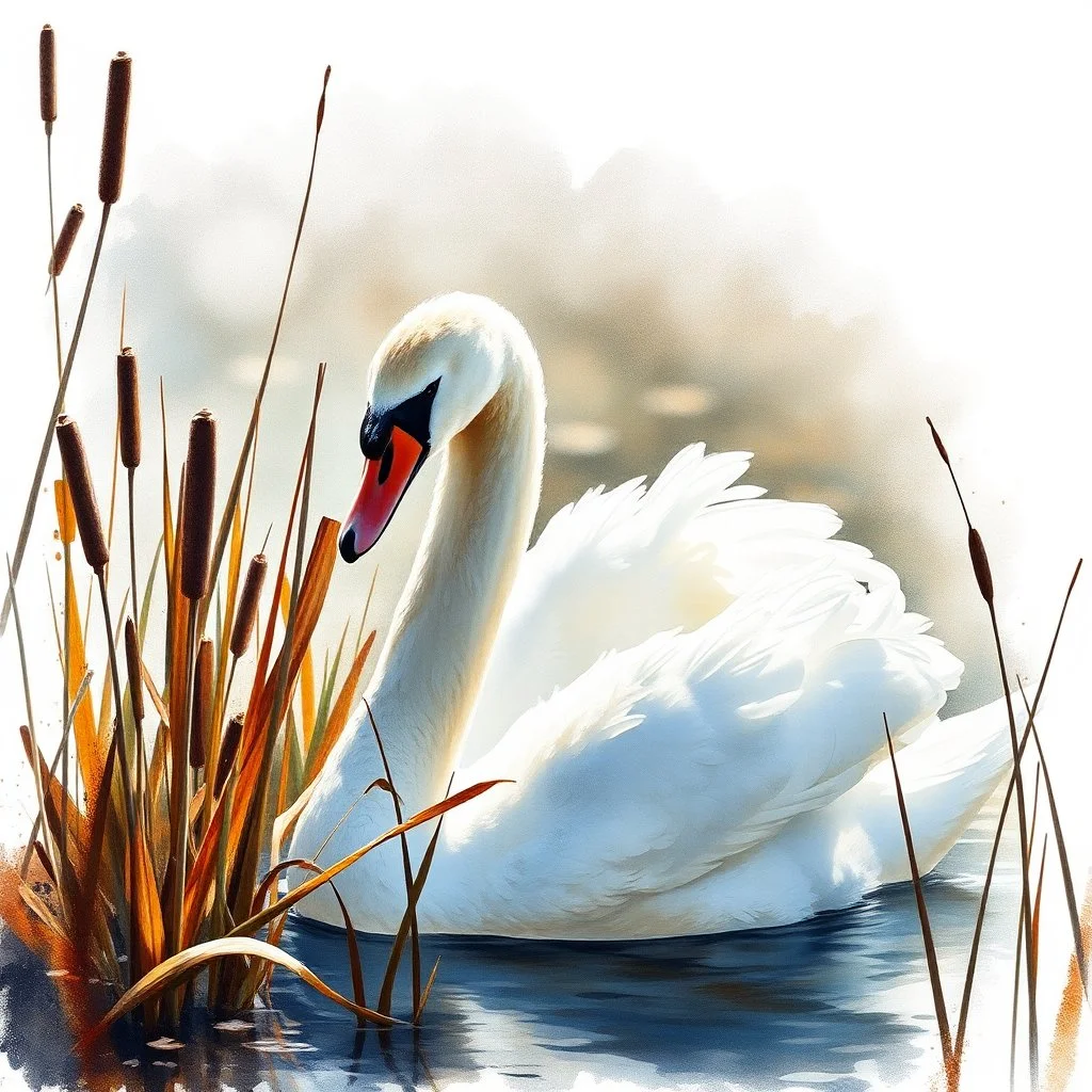6,majestic swan with fluffed wings hiding within reeds and bull-rushes, their feathers shimmering with an ethereal glow, gazing intently into the distance. The surrounding mirror pond is bathed in soft sunlight, casting long shadows. PAINTING WITH WHITE SPACE, Carne Griffiths, WLOP, fine-tuned stylised watercolour encircled by splashy white space photorealistic ChatGPT.