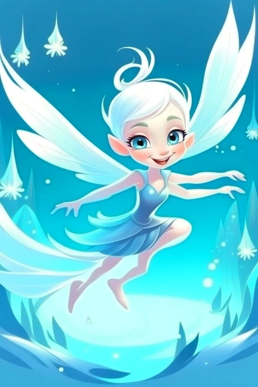 fantasy cartoon style illustration: mischievous ice fairy flying in the air