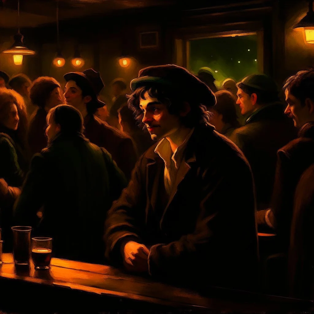 a single figure in a crowded bar at night, young people, dark colors, rembrandt style