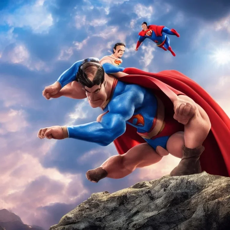 pig with superman looking from top of a mountain, realistic, movie style