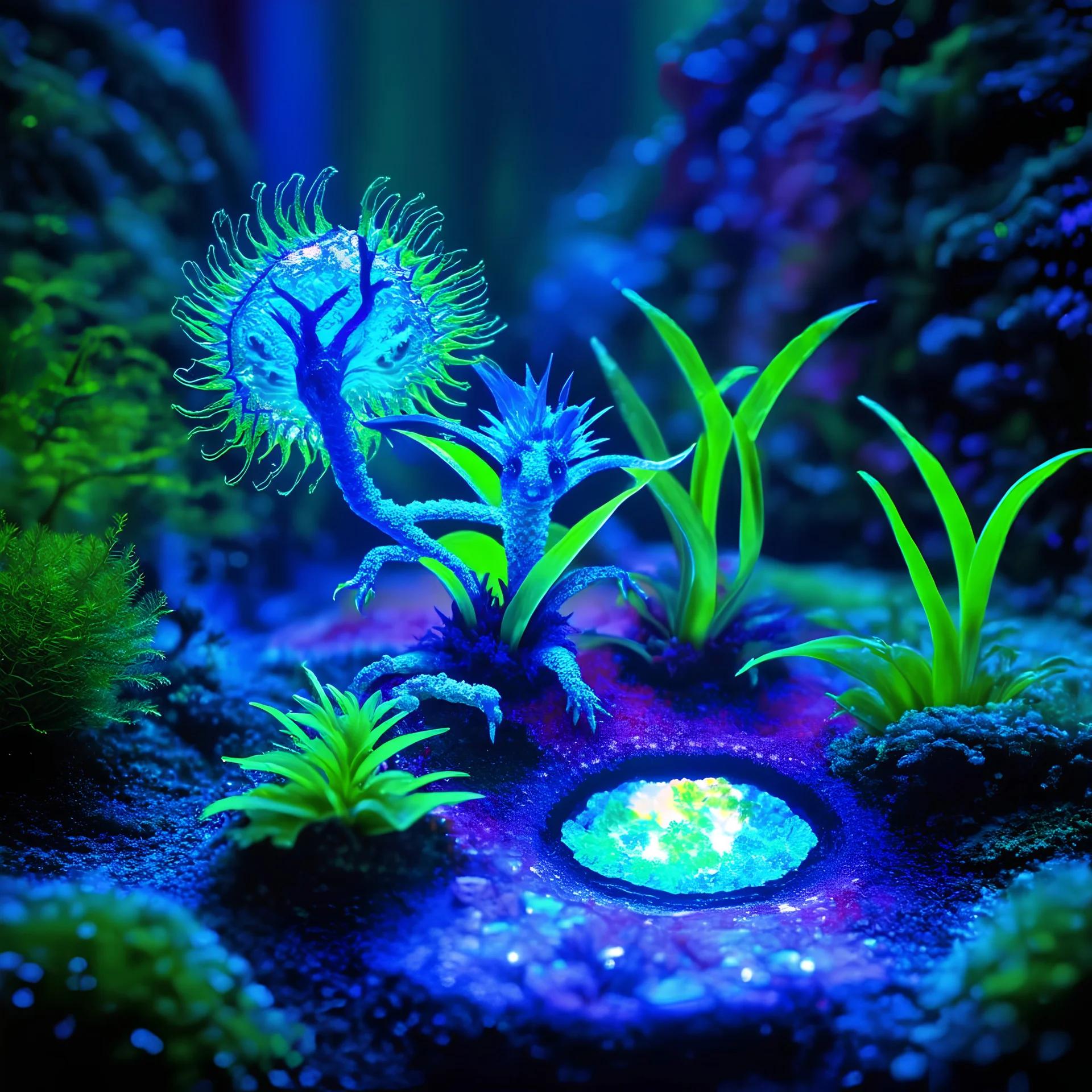 Microscopic microcosm teeming with fantastical creatures, tiny bioluminescent plants, intricate miniature landscapes, surreal and vibrant colors, delicate and detailed structures, whimsical and imaginative, ethereal glow, fantasy art, highly detailed, intricate patterns, vivid and magical ambiance