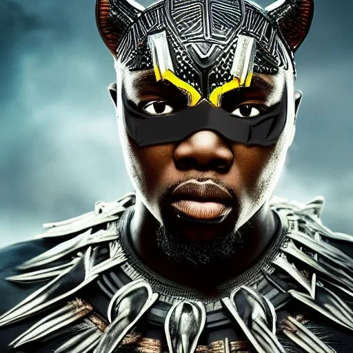 Fantasy, Nigeria rapper olamide badoo as black panther, heroic, award winning, insanely detailed, sunlit, realistic, ocean,acrylic paint, 8k resolution, hdr, trident