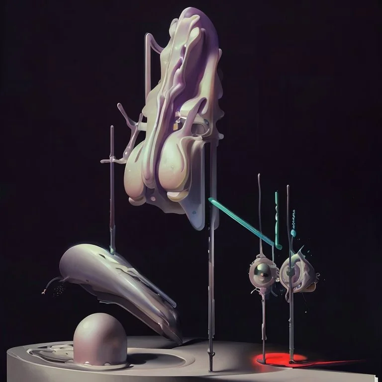 Abstract painting formed by a mix of human flesh-like surgical instruments and universe-like neuralink,strange musical instruments,minimalism,Painting By Adrian Ghenie, Rene Magritte, Salvador Dali, Lucian Freud