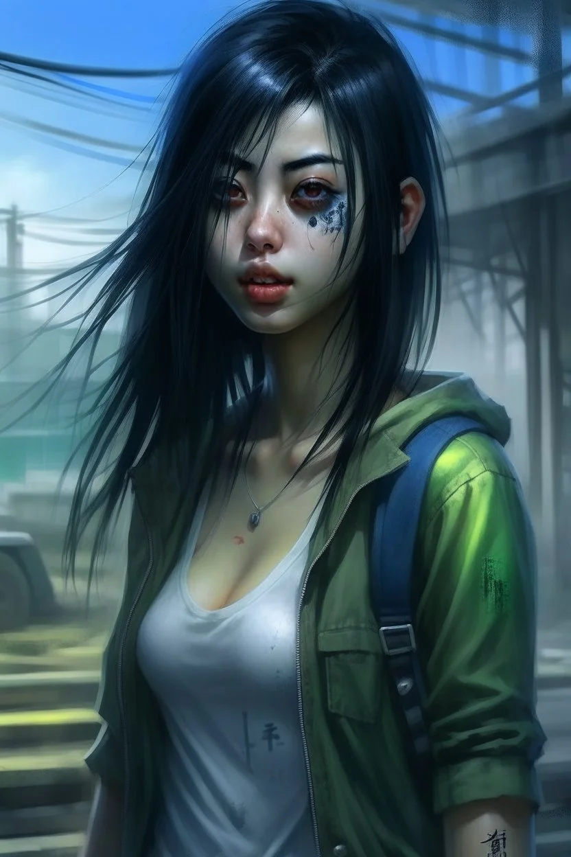 pretty girl, aged 15, black hair, dystopia, athletic, digital art