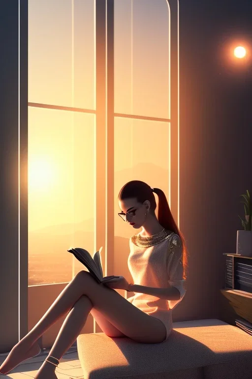 Beautiful, thin young woman, Arab home clothes, wavy hair, sitting on an office chair, reading a novel, next to a window, outside the window is sunset , 8k, finely detailed, photo realistic.