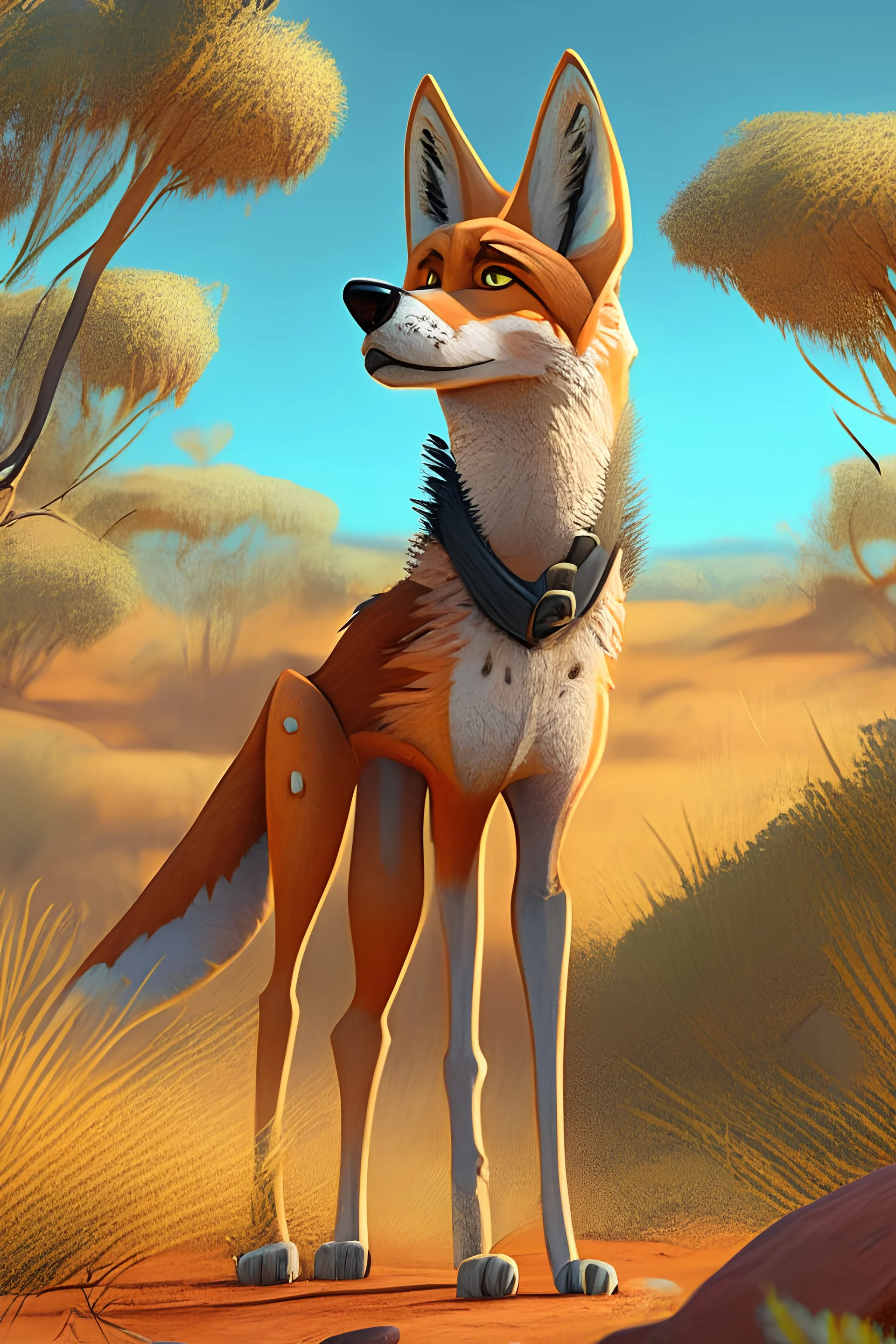 dingo character, comic book, disney, pixar, autodesk maya, high quality masterpiece, Australian bushland landscape, flora, fauna, high definition, 2D, illustration, high contrast, ultra detailed, 8k, anime,