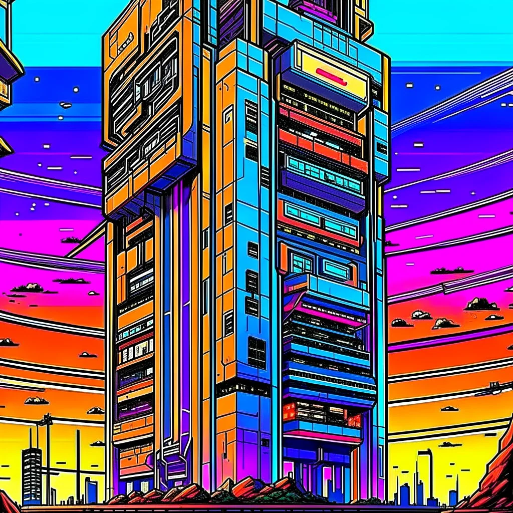 cyberpunk retro futuristic for comics skyscraper from far away