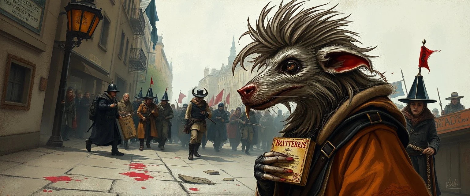 portrait of a hairy rock star wererat, fantasy art, style of Rembrandt,Dead drop discovery: While walking, a party member stumbles upon a small, blood-stained package hidden in a gutter. It contains a coded message to a cult of the Dead Three. 9-10 Parade of the Patriars: A noble's procession blocks the street with bone clubs. The crowd is forced to bow, and guards roughly shove anyone who doesn't move quickly enough.
