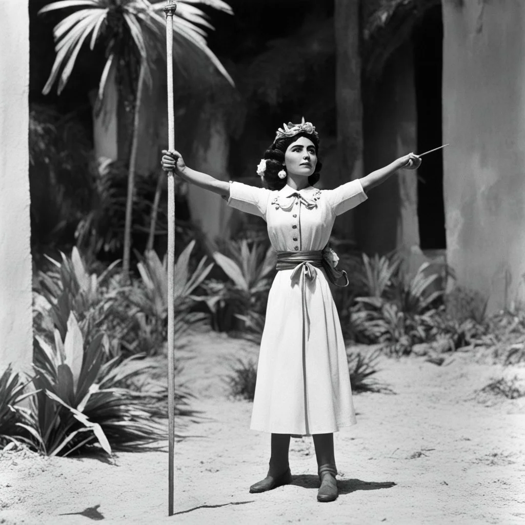 (1960’s stop-motion animation style of las reinas del combate en el suelo in Mexico) She is tied to a stake, her hands above her head, in the governor's villa